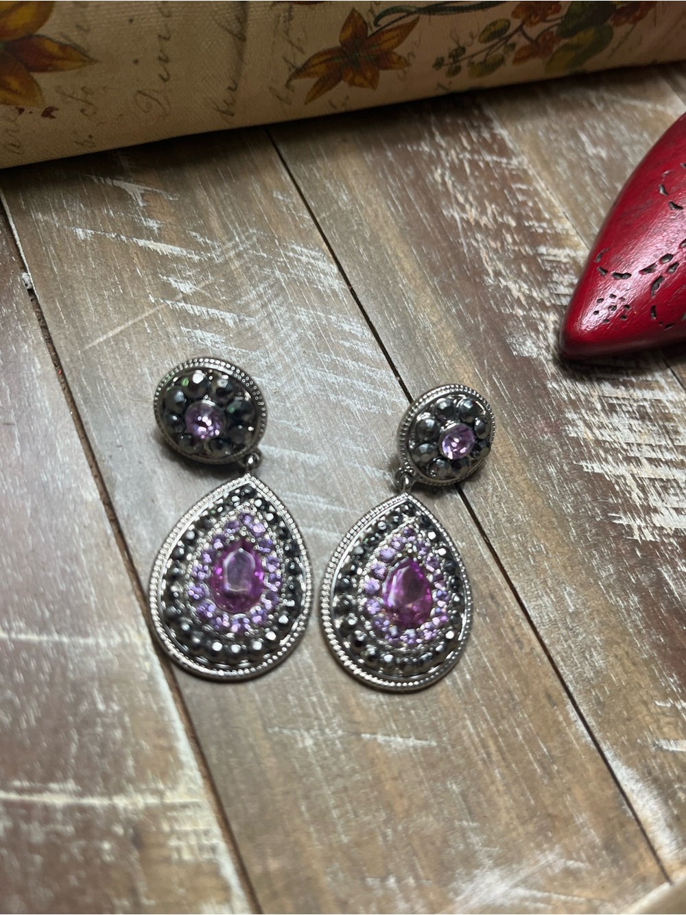 Monet Vintage Style Pink Crystal & Marcasite Teardrop Dangle Earrings
